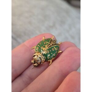 Damascene Green Ladybug Brooch Spain Signed Vintage